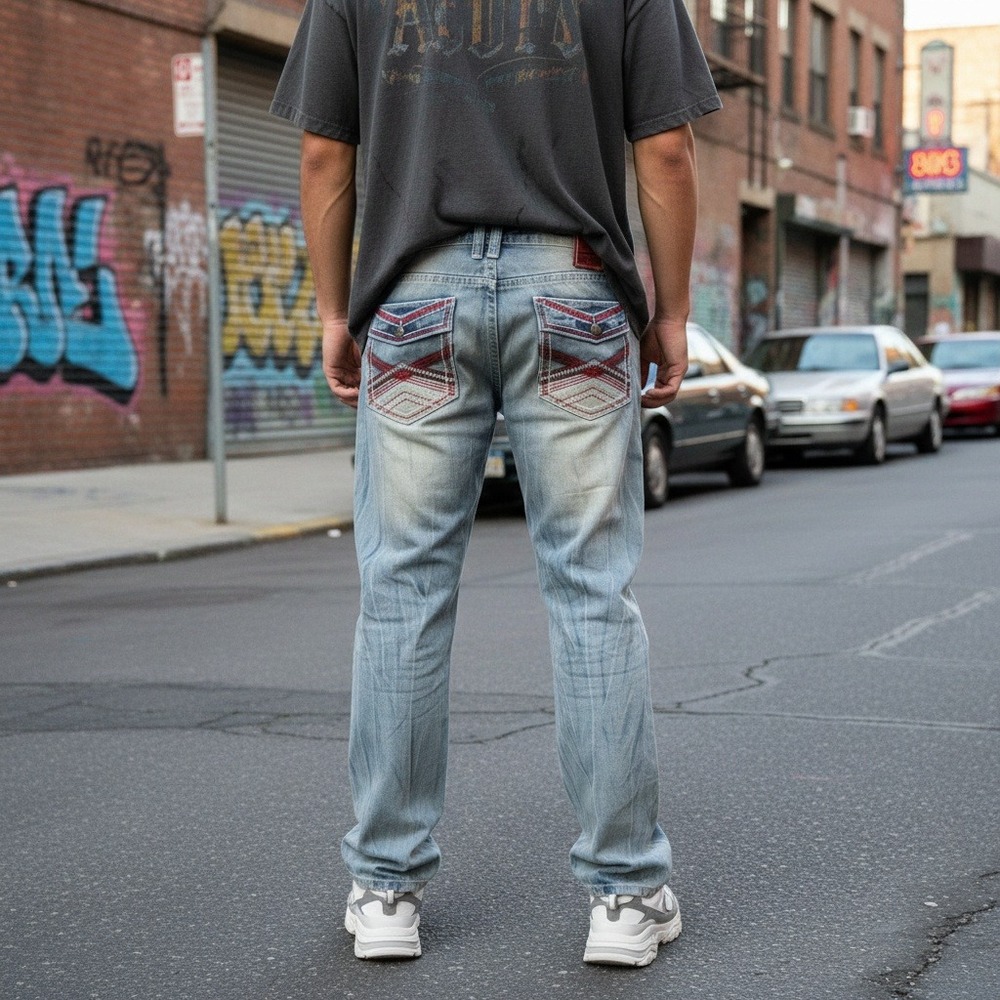 Demolition Jeans‎ Mens 38 Light Wash Blue Straight Leg Embroidered Pockets Denim